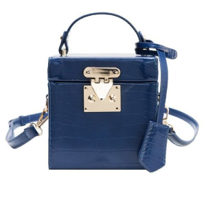 Blue Crocodile Print Cube Crossbody Bag with Strap