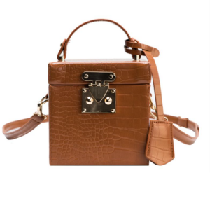Brown Tan Crocodile Print Cube Crossbody Bag with Strap