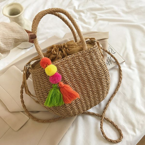 Brown Jute Handbag with Tassel Keychain