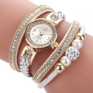 Fashion Round Bracelet Diamond-studded Pearl Beaded Pu Belt Watch