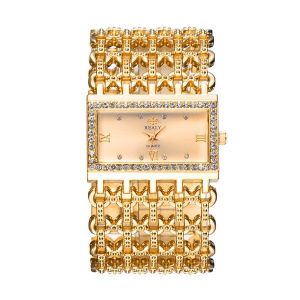 Golden Rectangular Steel Band Ladies Bracelet Diamond Wide Strap
