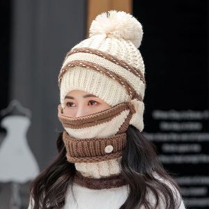 White Three-piece Hat Bib Mask Women's Winter Plus Velvet Padded Ear Protection Knitted Hat
